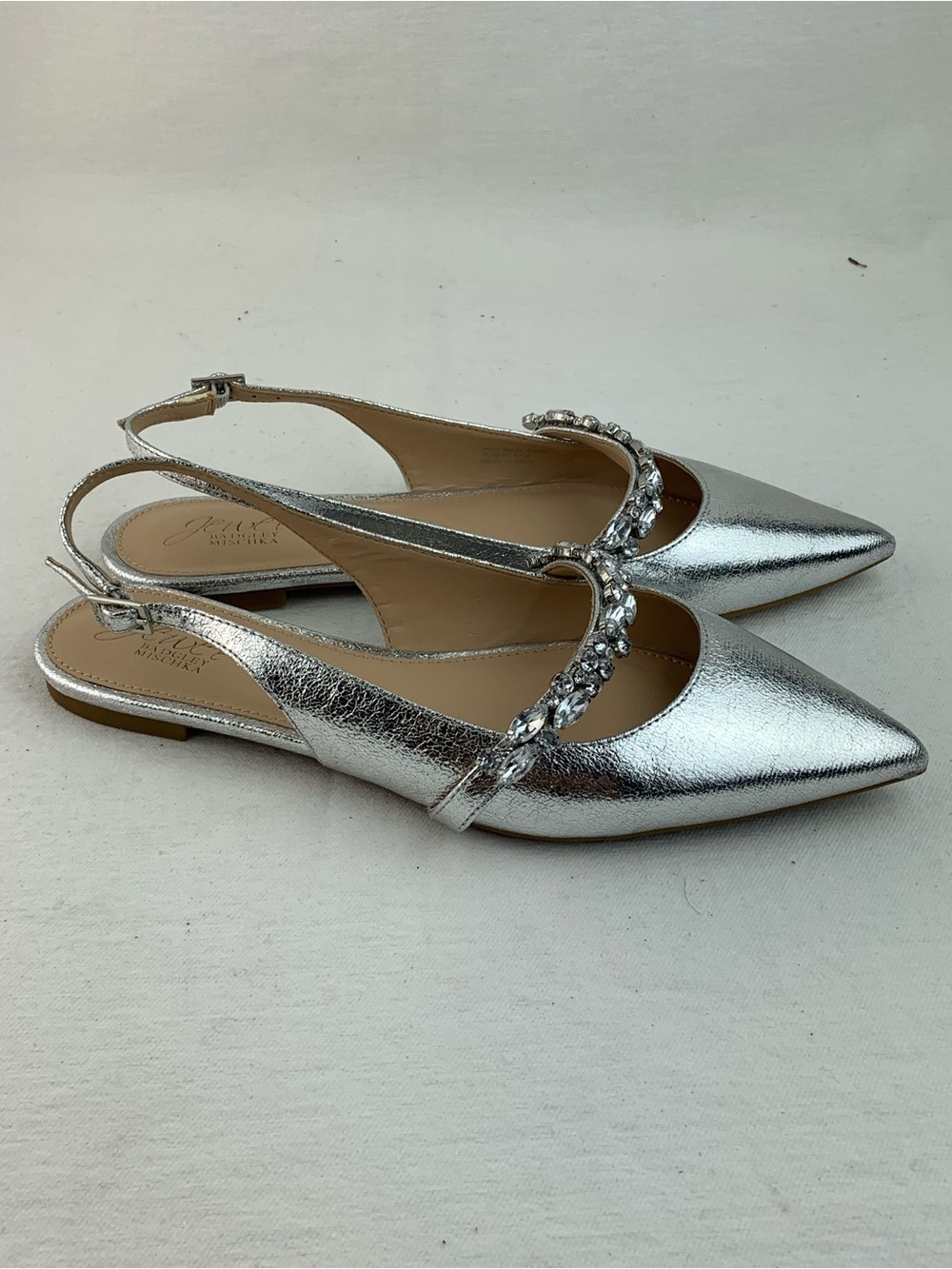 New Badgley Mischka “Jewel” Embellished Silver Pointed Slingback Flats - Picture 3 of 9